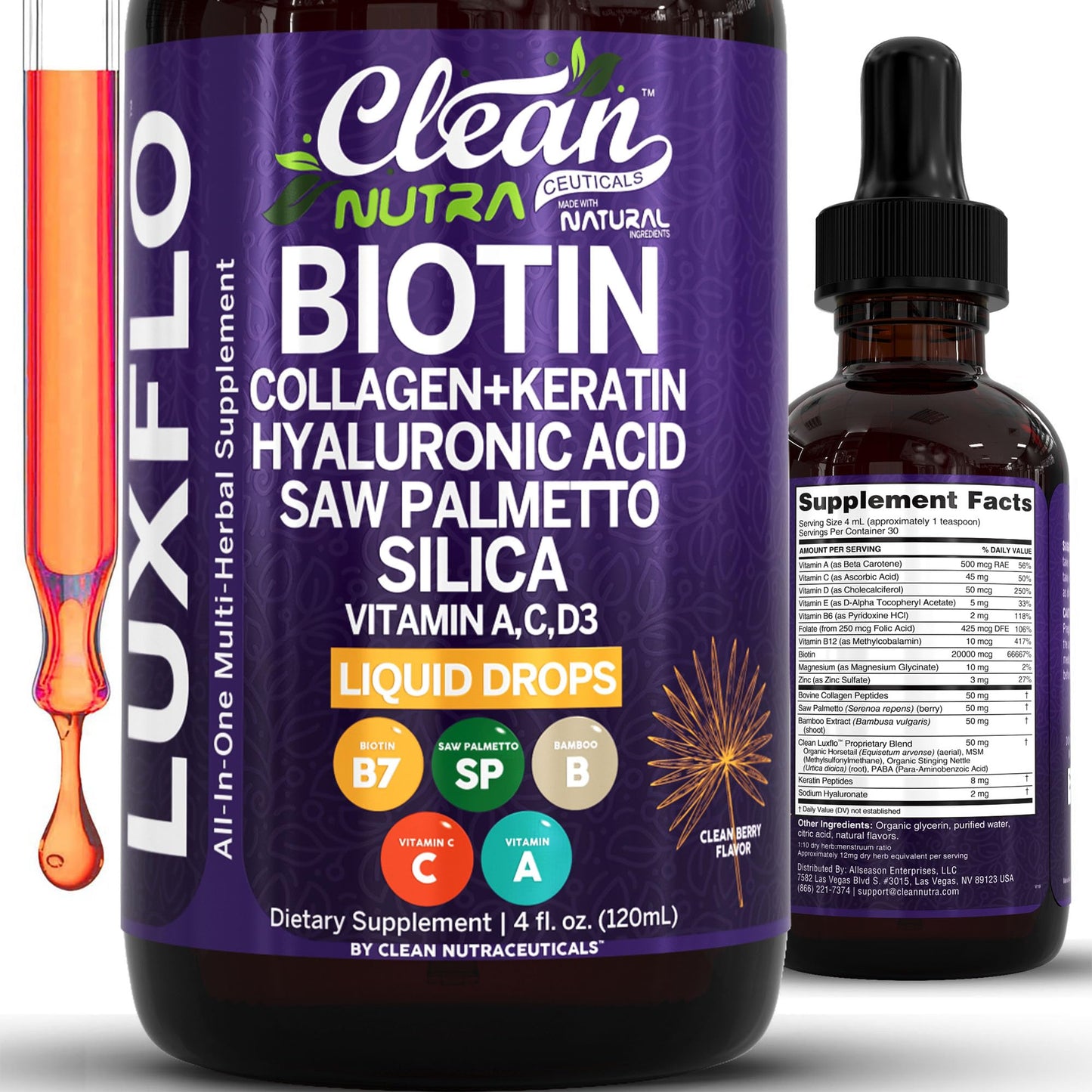 Liquid Biotin & Collagen Keratin Hyaluronic Acid Saw Palmetto Drops Vitamins for Hair Growth Support Silica Vitamin A C D Bamboo Turmeric Zinc Folate Magnesium Horsetail LuxFlo By Clean Nutra Clean NutraceuticalsBuy Supplements Australia