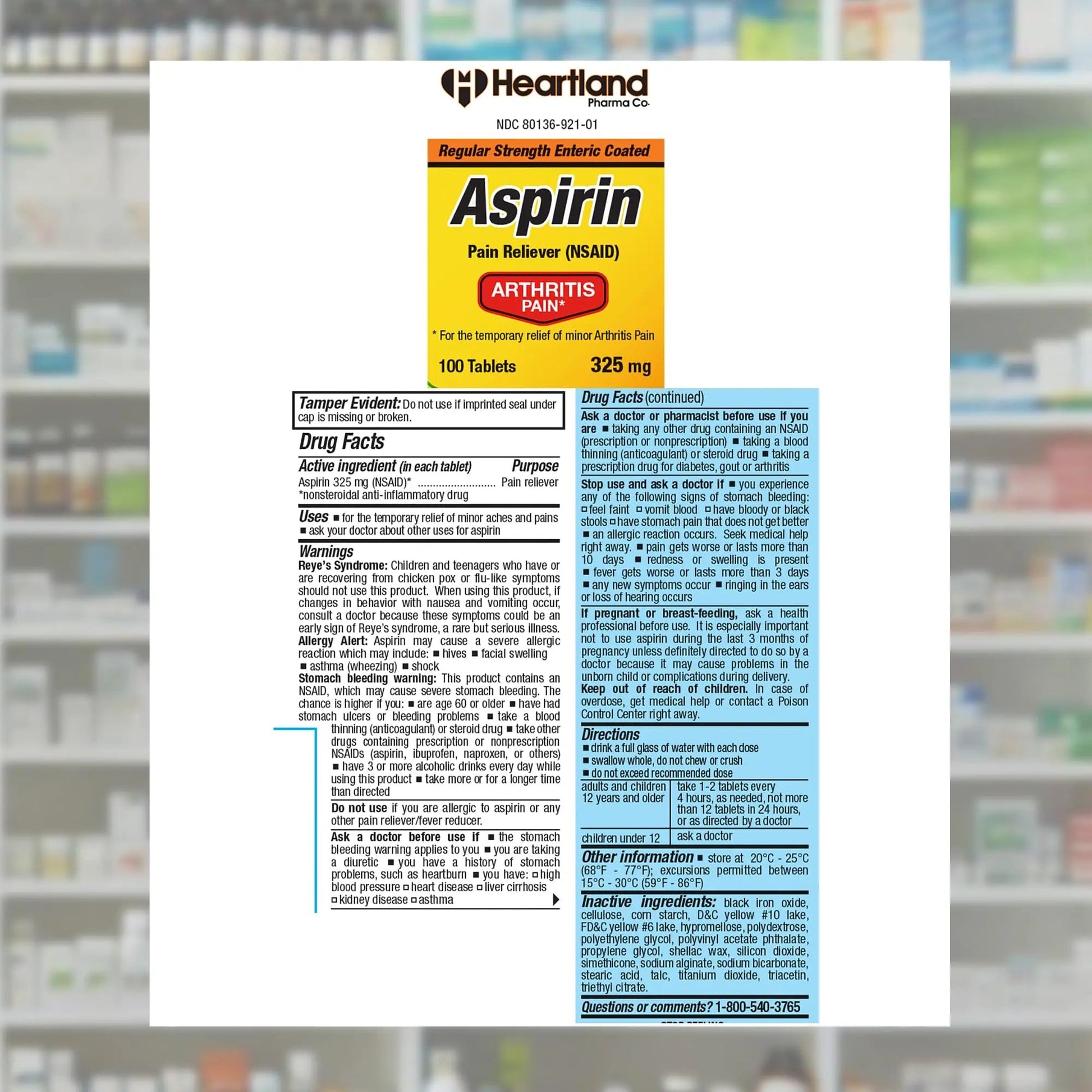 Heartland Pharma Aspirin 325mg Enteric Coated Tablets | Original Strength NSAID Pain Reliever & Fever Reducer | Joint Pain Relief for Arthritis | Child-Resistant Safety Cap | Made in USA | 100 Count Heartland PharmaBuy Supplements Australia