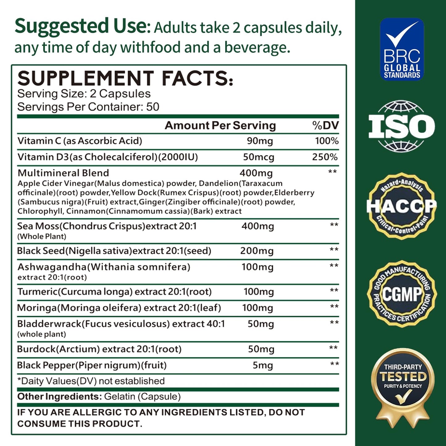 Zhibenon Sea Moss Capsules with Bladderwrack & Burdock - 50 Day Supply - Powerful Formula with Black Seed Oil, Ashwagandha, Turmeric, Vitamin C, Vitamin D3, Moringa & Black Pepper Extract ZhibenonBuy Supplements Australia