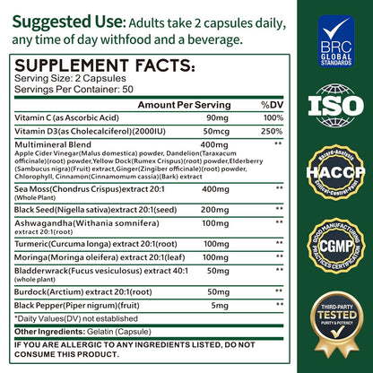Zhibenon Sea Moss Capsules with Bladderwrack & Burdock - 50 Day Supply - Powerful Formula with Black Seed Oil, Ashwagandha, Turmeric, Vitamin C, Vitamin D3, Moringa & Black Pepper Extract ZhibenonBuy Supplements Australia