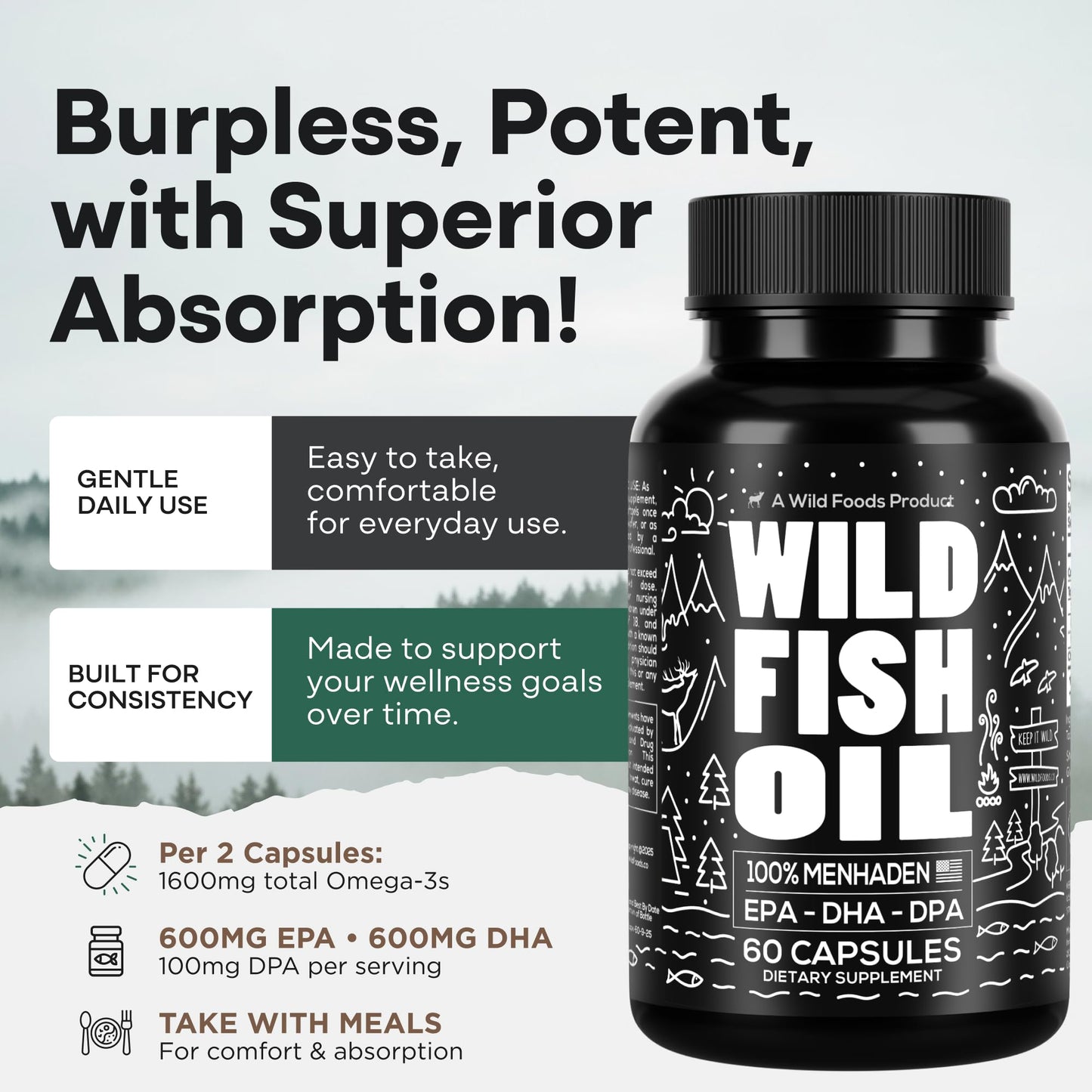 Wild Foods Fish Oil Omega 3 Supplements | 1600 mg | Highly-Potent: DPA, DHA, EPA | Burpless, Odorless, Non-GMO, Gluten Free | For Brain & Heart Health, Joint Support | 60 Capsules (1 pk) | 30 Servings Wild FoodsBuy Supplements Australia