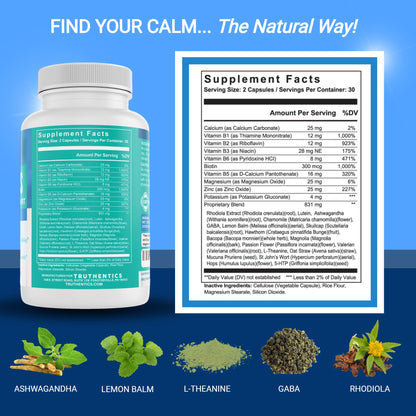TRUTHENTICS Bye-Bye Stress - Stress & Mood Support Supplement for Women with Ashwagandha, GABA, Lemon Balm, L-Theanin & Vitamin B Complex - Vegan - 60 Capsules TRUTHENTICSBuy Supplements Australia