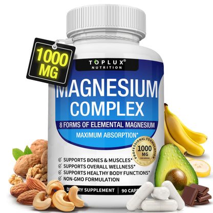 Magnesium Complex Supplement 8 Elemental 1000mg - Magnesium Glycinate, Citrate, Malate, Taurate, Chelated for Easy Absorption for Bones