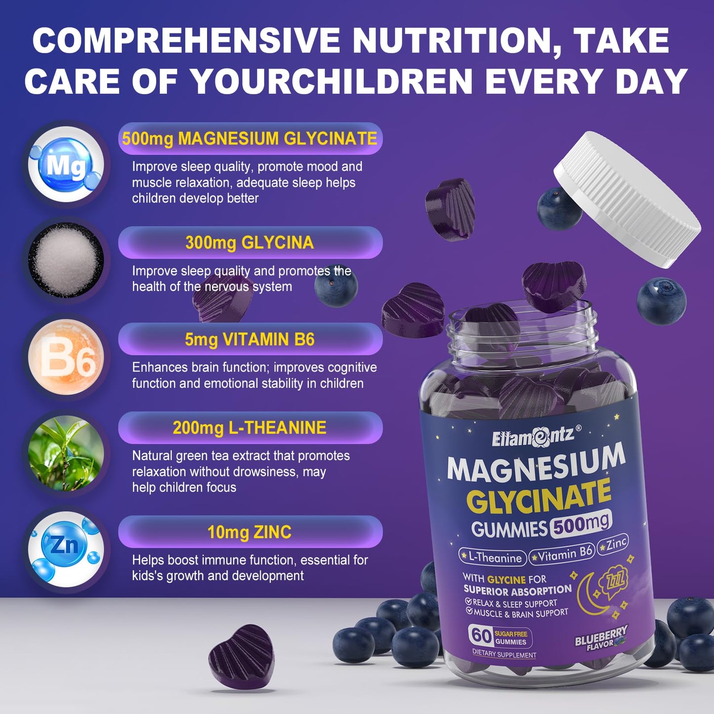Magnesium Glycinate Gummies 500mg/250mg for Adults Kids Teens, Sugar Free Magnesium Calm Sleep Aid, Kids Sleep Gummies with L-Theanine Glycine B6 for Sleep, Calm, Muscle,Relax Brain,No Melatonin,2Pack ELLAMENTZBuy Supplements Australia