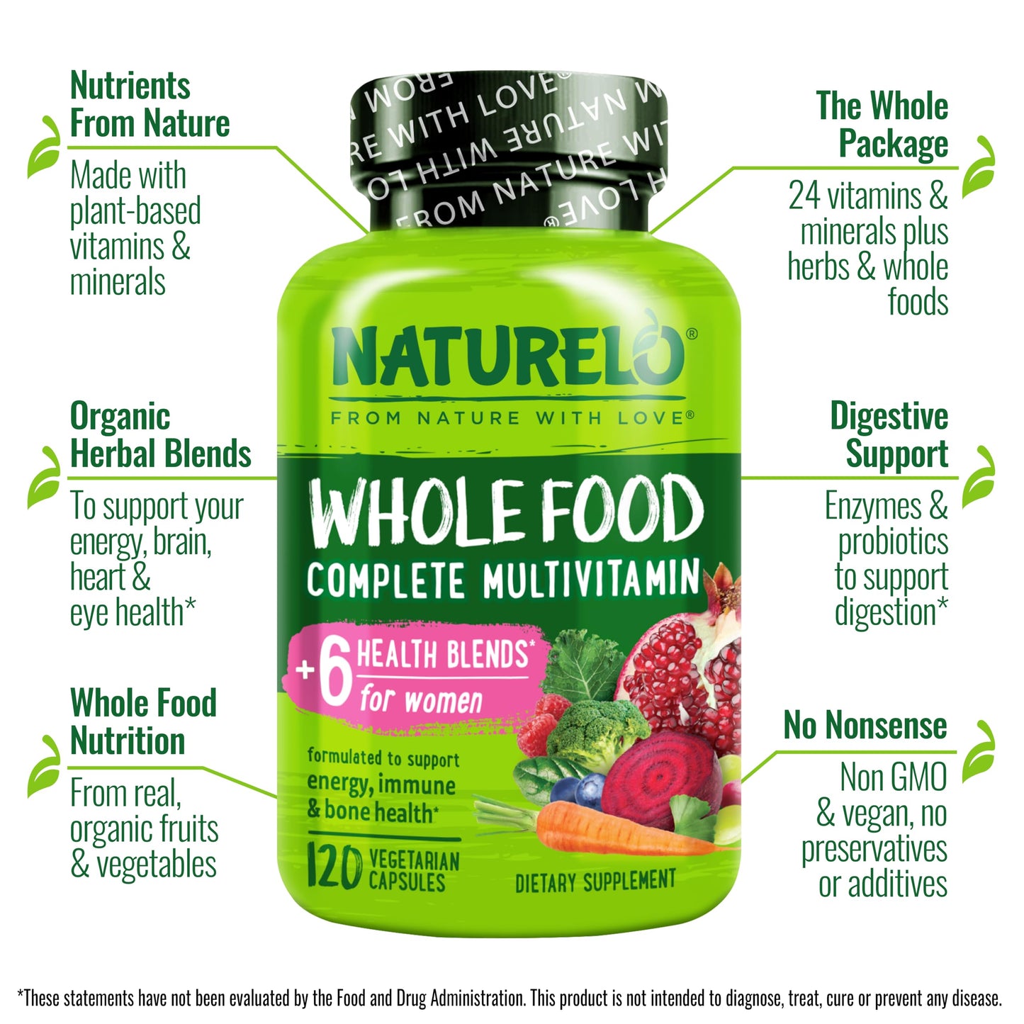 NATURELO Whole Food Multivitamin for Women - with Vitamins, Minerals, & Organic Extracts - Supplement for Energy and Heart Health