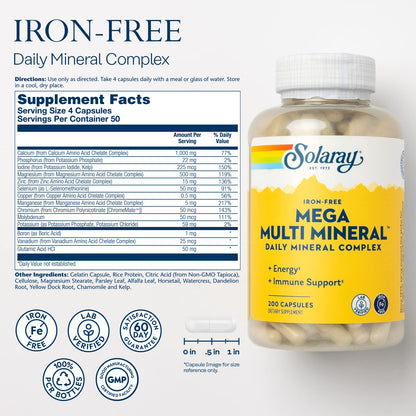 SOLARAY Mega Multi Mineral, Iron Free - Daily Mineral Supplement w/Trace Minerals, Electrolytes, Calcium, Magnesium, Zinc, Selenium, Boron -Cellular Energy, Immune Support, 60-Day Guarantee, 50 Serv SOLARAYBuy Supplements Australia