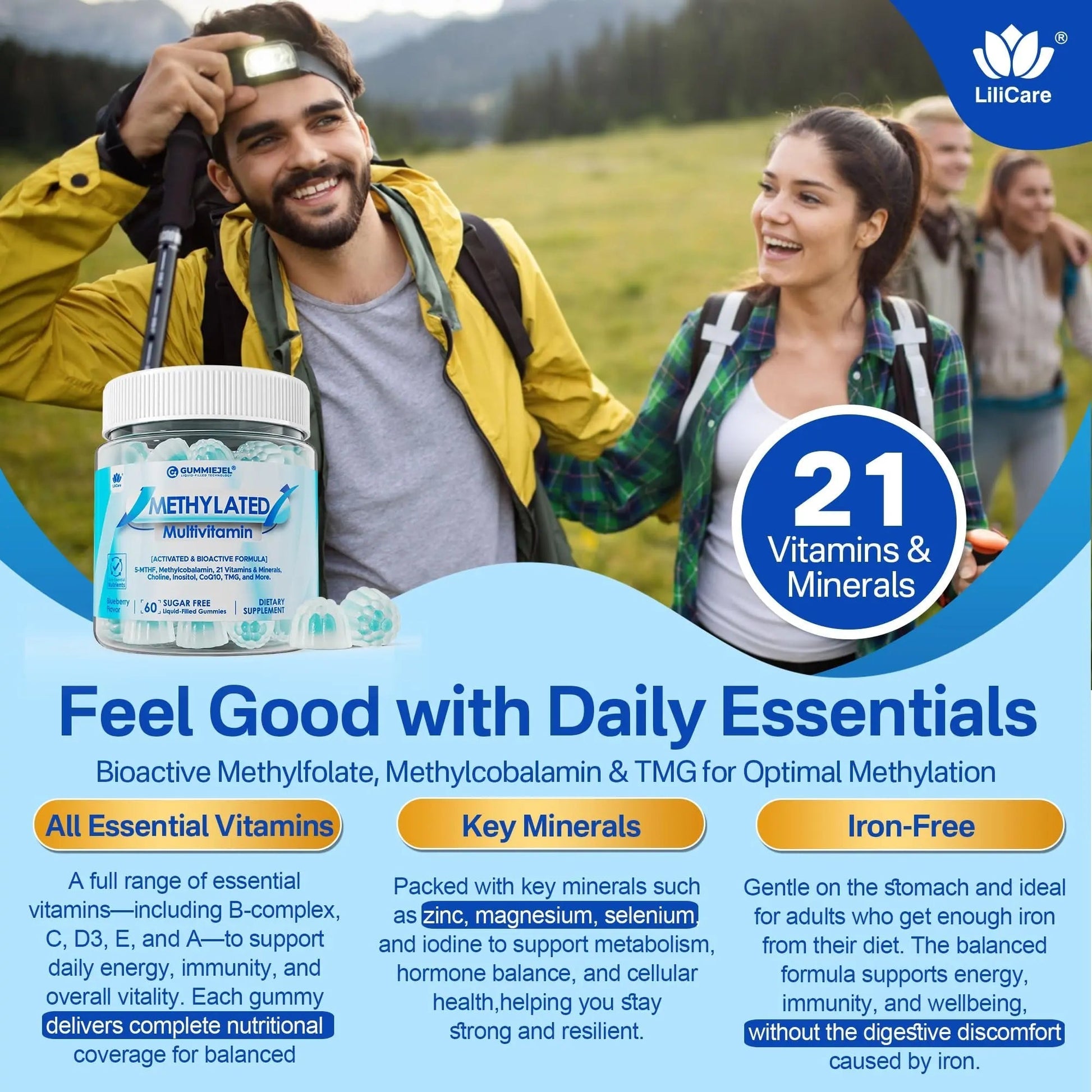Methylated Multivitamin for Men & Women Gummies + Greens & Mushroom Blend, Methylfolate & B12, TMG, Choline LILICAREBuy Supplements Australia