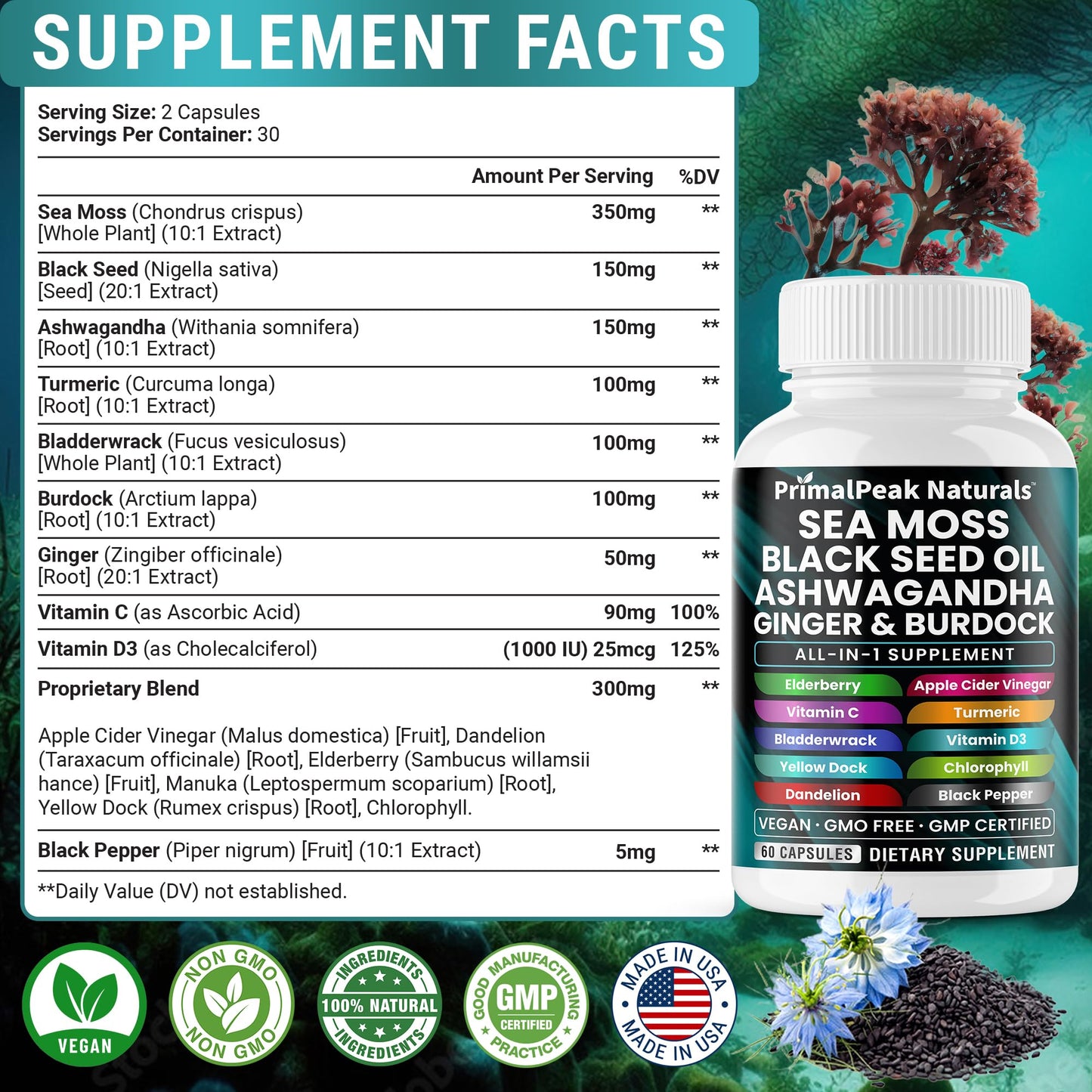 PrimalPeak Naturals Sea Moss Black Seed Oil Ashwagandha Ginger Burdock Bladderwrack Turmeric & Vitamin C Vitamin D3 with ACV Elderberry Chlorophyll Dandelion Yellow Dock Vegan Capsules - 60 Count PrimalPeak NaturalsBuy Supplements Australia