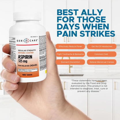 GeriCare Enteric Coated Aspirin Tablets 325mg (1000 Count) NSAID Pain Reliever & Fever Reducer for Adults- Regular Strength Aspirin for Headache Arthritis Menstrual & Muscle Pain GeriCareBuy Supplements Australia