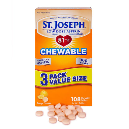 St. Joseph Aspirin Pain Reliever (NSAID) 81mg, Chewable Orange Tablets Adult Low Dose Regimen , 108 ct (3 x 36 ct Tablets per Bottle) St. JosephBuy Supplements Australia