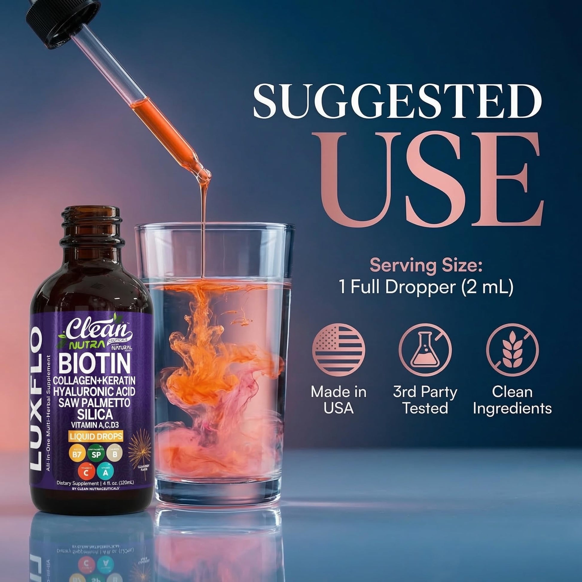 Liquid Biotin & Collagen Keratin Hyaluronic Acid Saw Palmetto Drops Vitamins for Hair Growth Support Silica Vitamin A C D Bamboo Turmeric Zinc Folate Magnesium Horsetail LuxFlo By Clean Nutra Clean NutraceuticalsBuy Supplements Australia