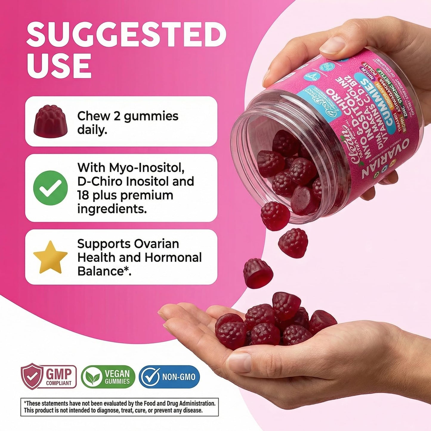OVA Bloom Ovarian Support Gummies Myo Inositol D-Chiro Inositol Choline Flax Biotin Riboflavin Thiamin Niacin Ashwagandha DIM Maca Root Vitamin C D3 B12 Zinc 60 Count By Clean Nutra Clean NutraceuticalsBuy Supplements Australia