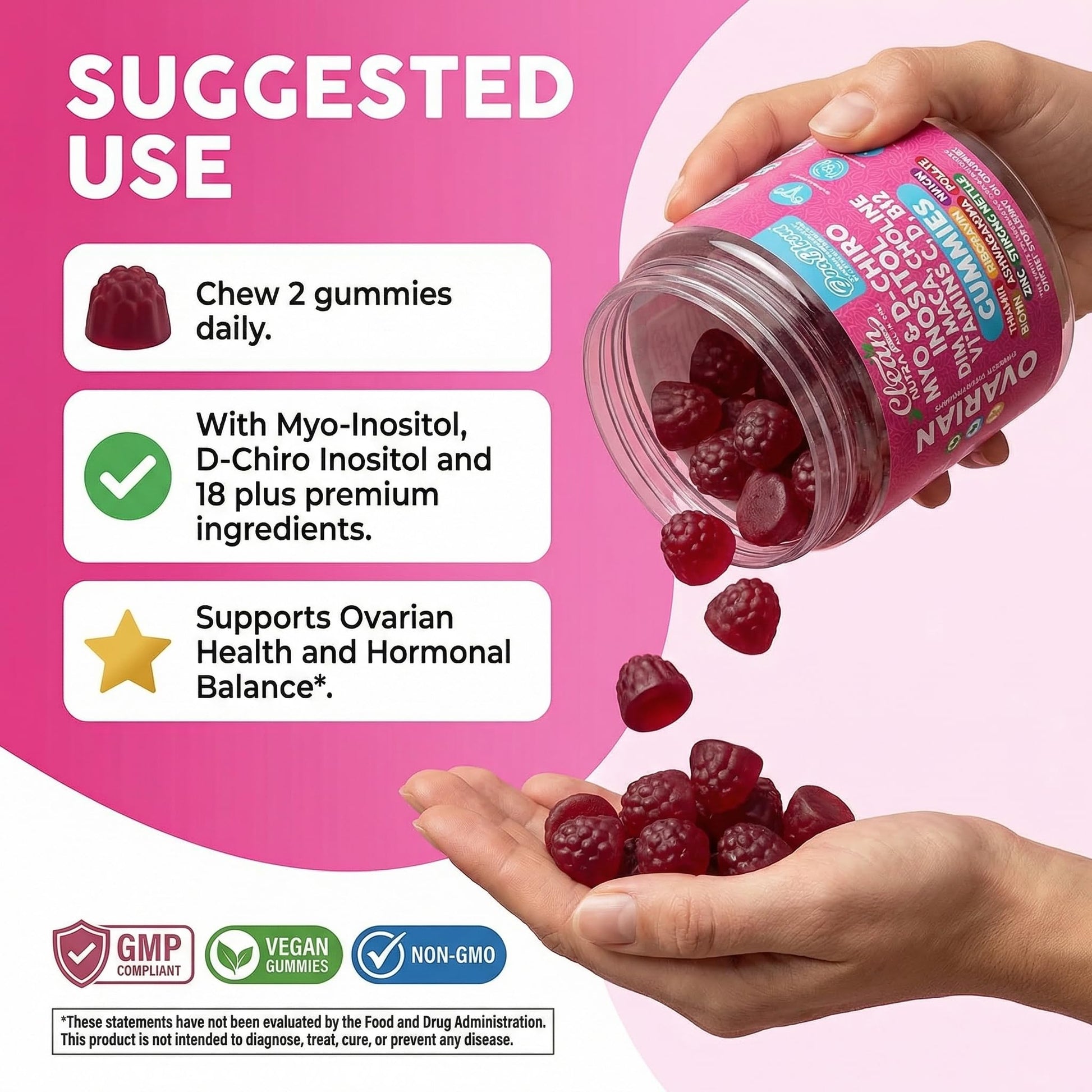 OVA Bloom Ovarian Support Gummies Myo Inositol D-Chiro Inositol Choline Flax Biotin Riboflavin Thiamin Niacin Ashwagandha DIM Maca Root Vitamin C D3 B12 Zinc 60 Count By Clean Nutra Clean NutraceuticalsBuy Supplements Australia
