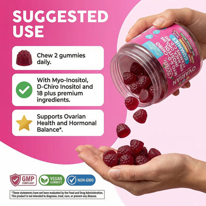 OVA Bloom Ovarian Support Gummies Myo Inositol D-Chiro Inositol Choline Flax Biotin Riboflavin Thiamin Niacin Ashwagandha DIM Maca Root Vitamin C D3 B12 Zinc 60 Count By Clean Nutra Clean NutraceuticalsBuy Supplements Australia