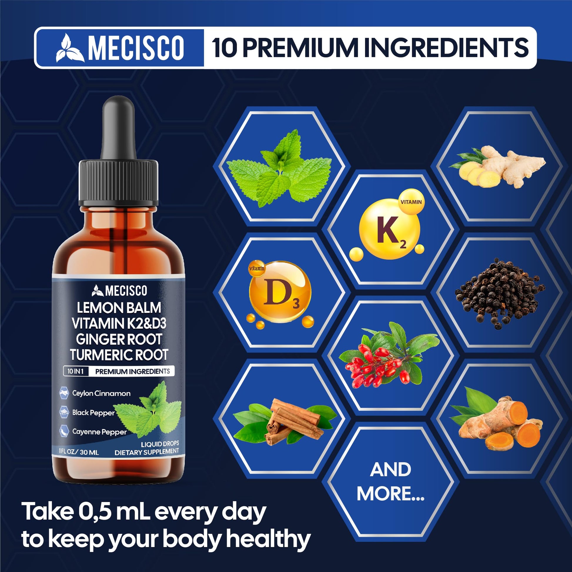 10in1 Lemon Balm Liquid Drops Blend Includes Vitamin D3, Vitamin K2, Lemon Balm, Ginger, Turmeric, Ceylon Cinnamon, Black Pepper, Cayenne Pepper, Berberine, Valerian Root - 1 FL Oz - 2 Month Supply MeciscoBuy Supplements Australia
