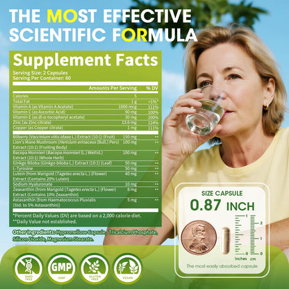 Eye + Brain Supplements for Memory and Focus, Lutein 40mg, Zeaxanthin, Astaxanthin, Bilberry, Lion’s Mane, Bacopa Monnieri, Ginkgo Biloba, 14 in 1 Eye Vitamins for Adults & Seniors 120 Capsules AlliwiseBuy Supplements Australia