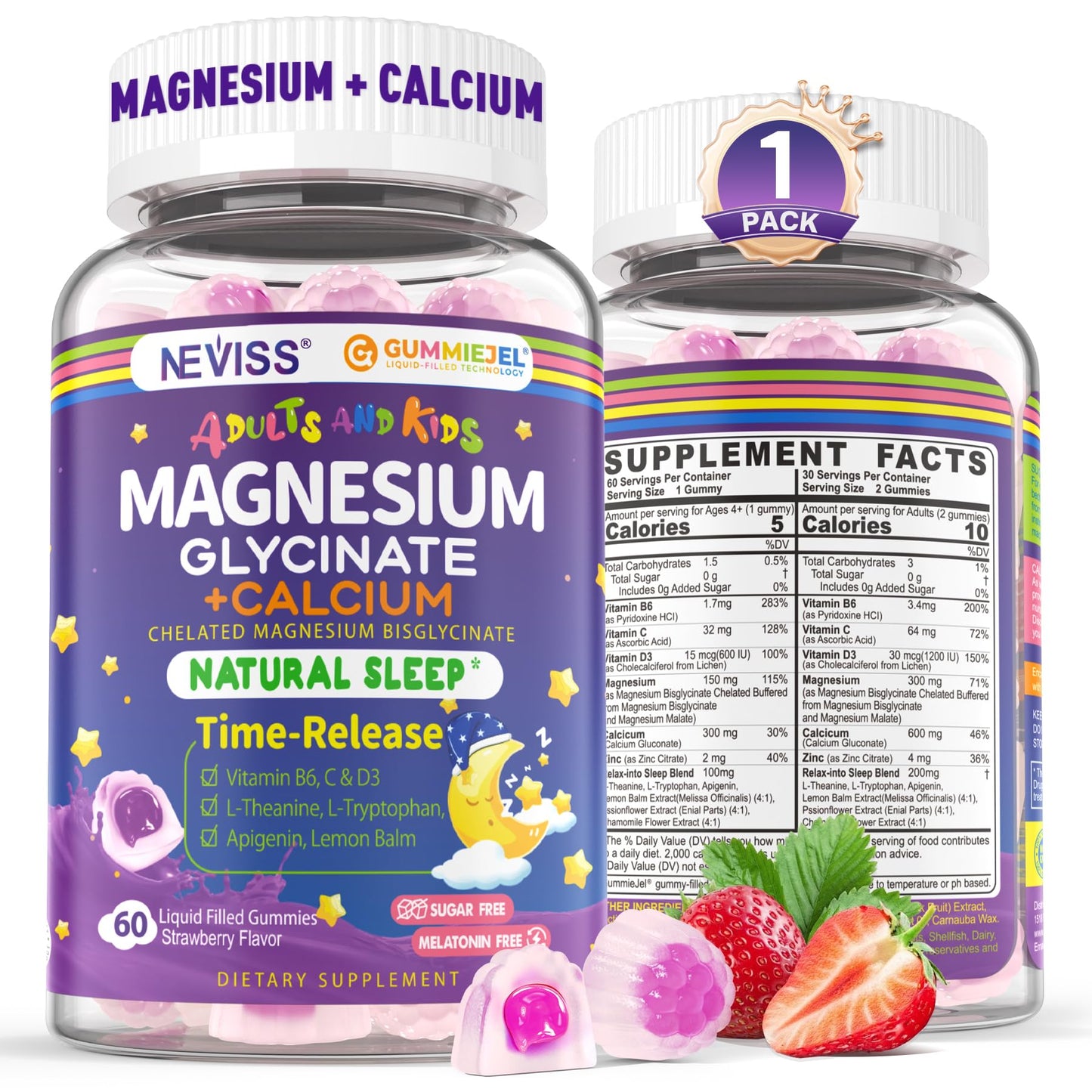 Neviss Magnesium Glycinate + Calcium Filled Gummies for Adults and Kids 4+, Kids Sleep Gummies Melatonin Free, Sugar Free Magnesium Supplement with B6 D3,
