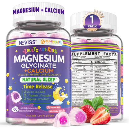 Neviss Magnesium Glycinate + Calcium Filled Gummies for Adults and Kids 4+, Kids Sleep Gummies Melatonin Free, Sugar Free Magnesium Supplement with B6 D3,