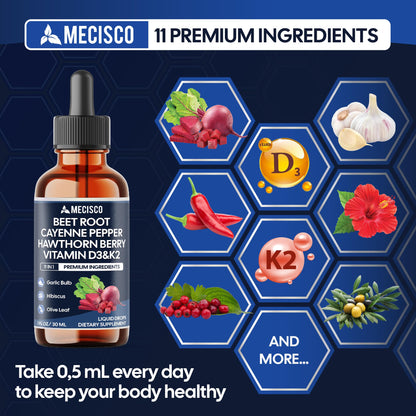 11in1 Beet Root Liquid Drops - Support Overall Wellness - with Vitamin D3, Vitamin K2, Hawthorn Berry, Cayenne Pepper, Garlic, Hibiscus, Olive, Red Spinach, Green Tea - 1 FL Oz - 60 Day Supply MeciscoBuy Supplements Australia