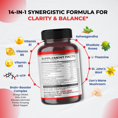 Dopamine Focus Supplement Ashwagandha 5-HTP Rhodiola Rosea St. John's Wort - Increase Memory Clarity Focus Restore Relax with VIT B1, B6, B12, L-Theanine ULTRA HERBSBuy Supplements Australia