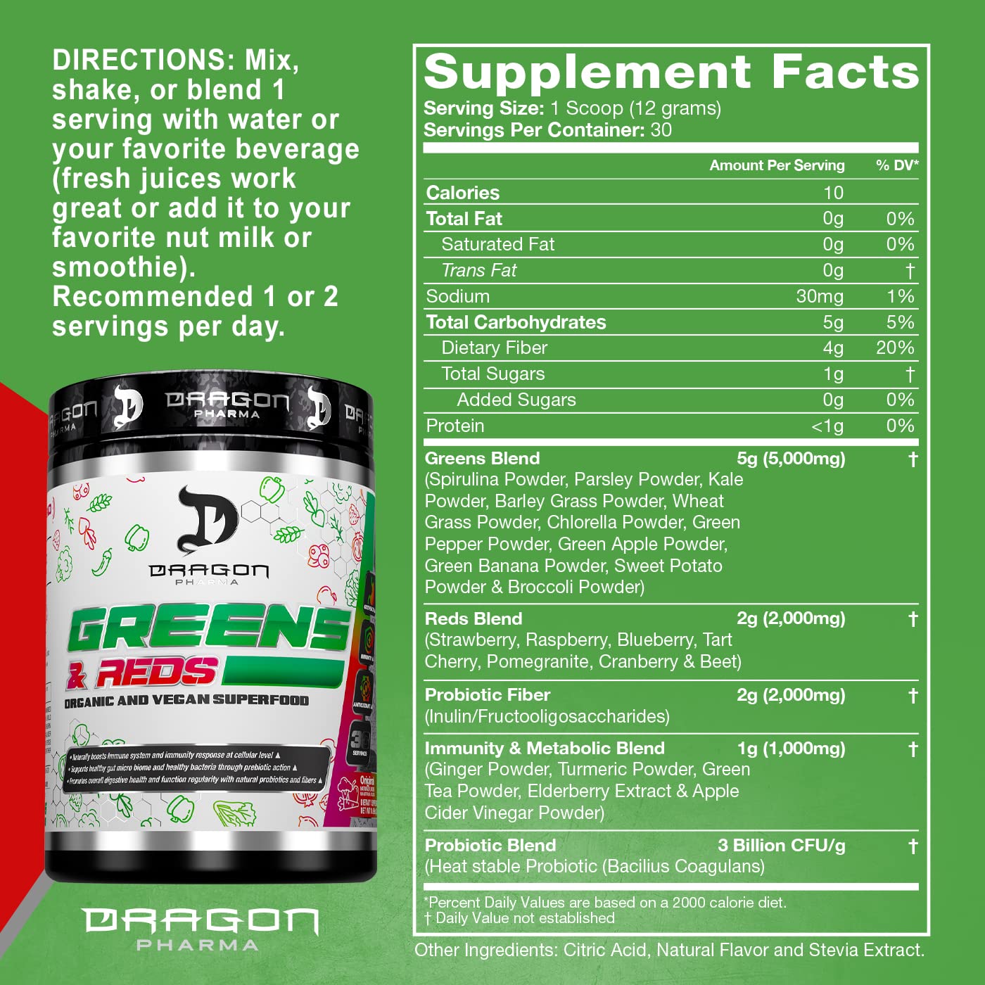 DRAGON PHARMA Greens and Reds, Over 23 Nutritious Superfoods, Reds and Vegetables, Optimal Health and Wellness (30 Servings, Original) DRAGON PHARMABuy Supplements Australia