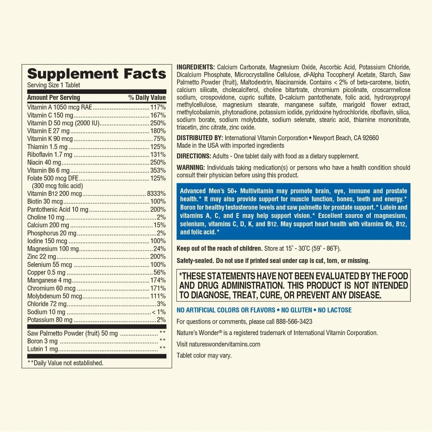 Nature's Wonder Advanced Men's 50+ Multivitamin/Multimineral Supplement with Vitamin D3 and B Vitamins 120 Tablets, 120 Day Supply Nature's WonderBuy Supplements Australia