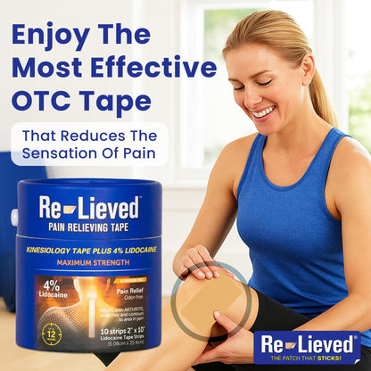4% Lidocaine Maximum Strength Pain Relief Kinesiology Tape - Relieves Back, Joints and Muscle Pains - Superior Sticking, Aluminum-Free Water Resistant, and USA Made - 2" x 10" Strips Re-lievedBuy Supplements Australia