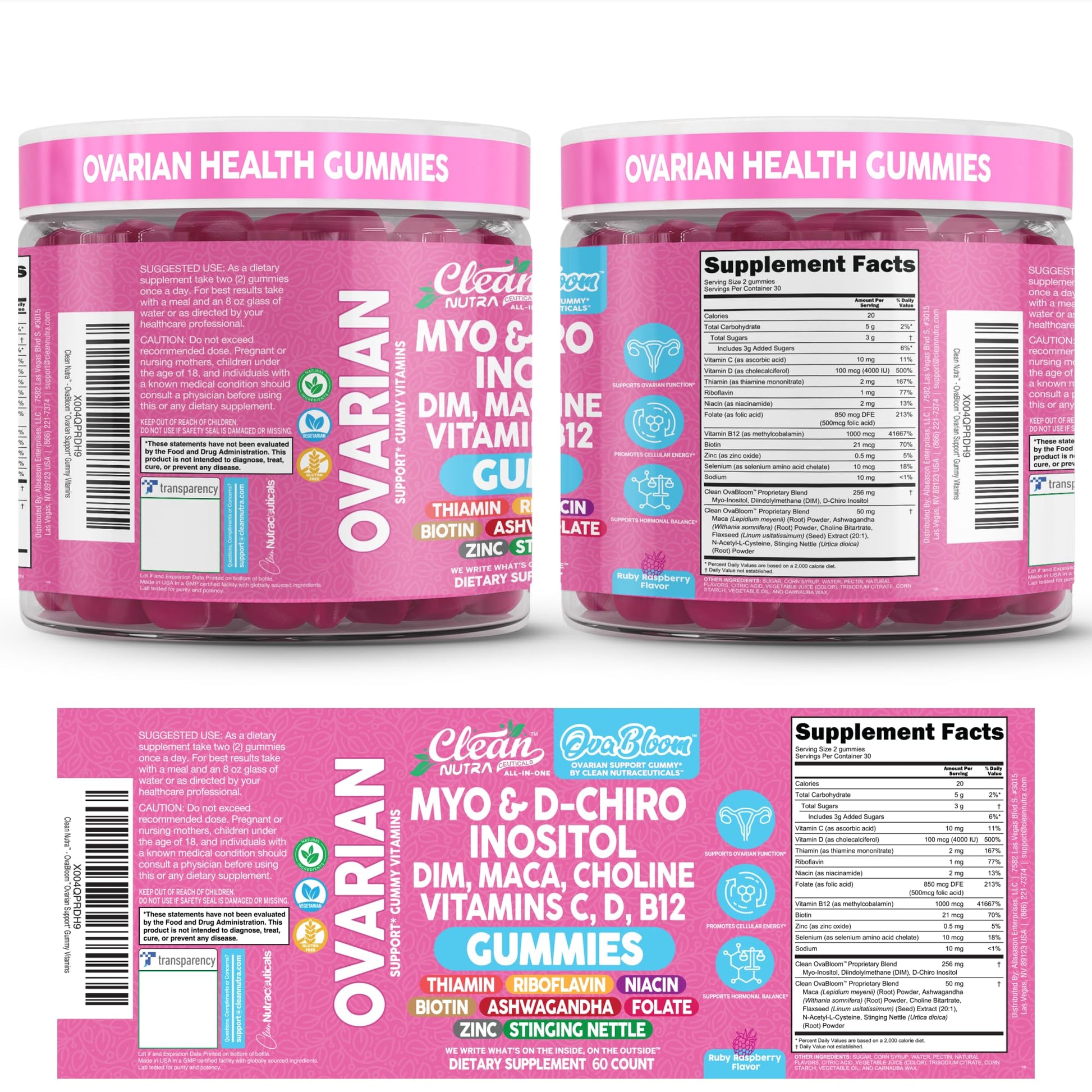 OVA Bloom Ovarian Support Gummies Myo Inositol D-Chiro Inositol Choline Flax Biotin Riboflavin Thiamin Niacin Ashwagandha DIM Maca Root Vitamin C D3 B12 Zinc 60 Count By Clean Nutra Clean NutraceuticalsBuy Supplements Australia