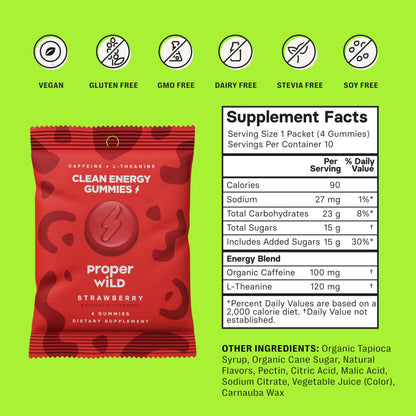 Proper Wild Energy Chews & Gummies for Focus & Clean Energy, Vegan with L-Theanine & Organic Caffeine, Plant-Based, Gluten-Free, Non-GMO, Strawberry (10-Pack) Proper WildBuy Supplements Australia