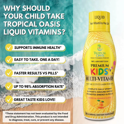 Premium Liquid Multivitamin For Kids | Sugar Free Kids Vitamins | 100% DV of 14 Vitamins for Kids | Multivitamin for Children Ages 4+ | Tropical OasisBuy Supplements Australia