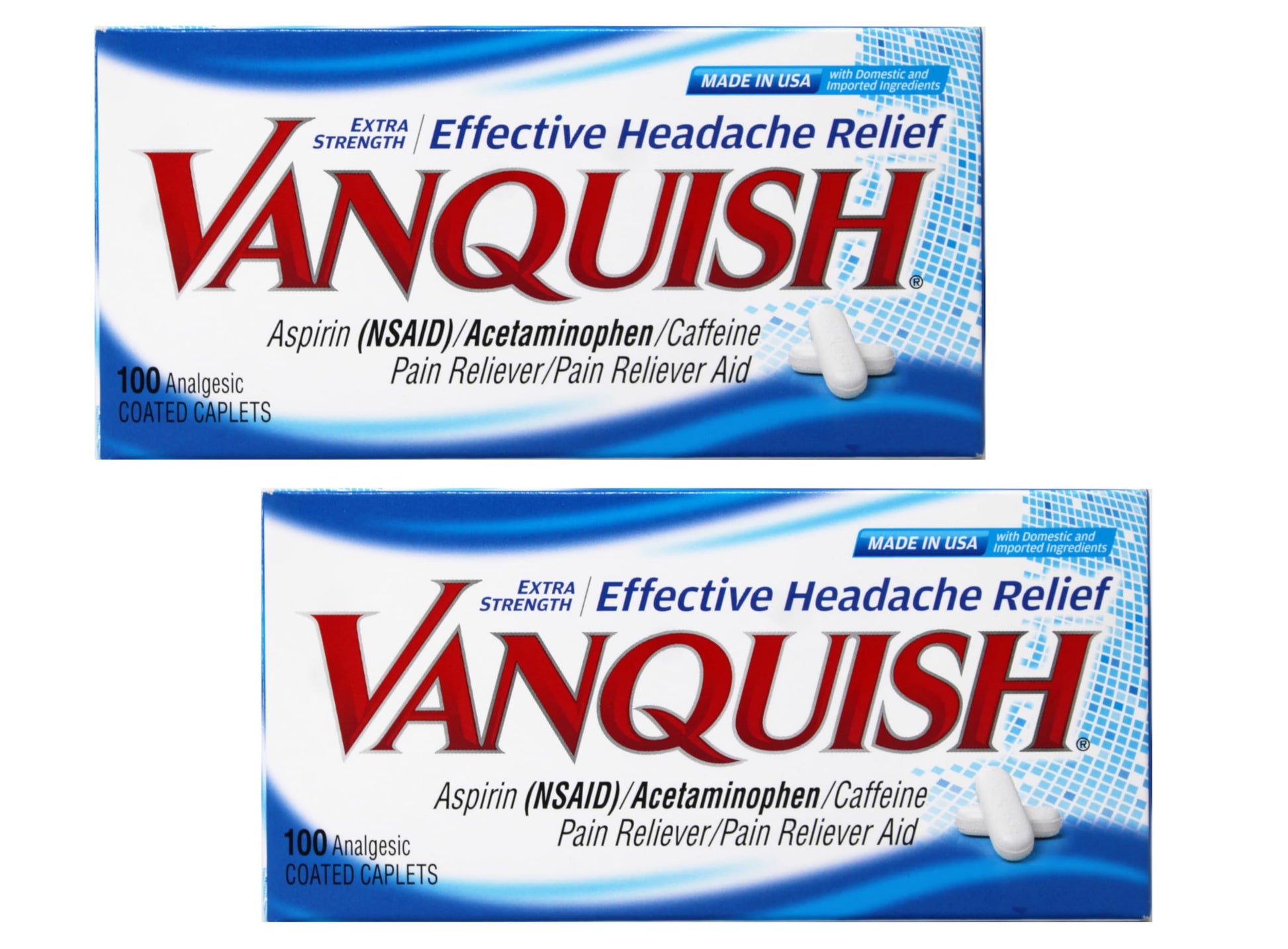 Vanquish Extra Strength Pain Reliever Headache Relief Aspirin Acetaminophen Caffeine 100 Coated Caplets (Pack of 2) VanquishBuy Supplements Australia