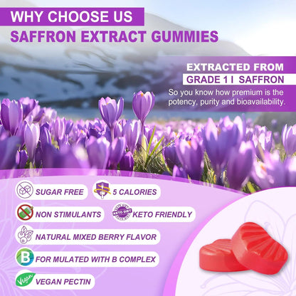 Saffron Supplements Gummies 100mg - 100% Pure Saffron Extract with Magnesium Glycinate, L-Theanine, Turmeric, Ashwagandha NEVISSBuy Supplements Australia