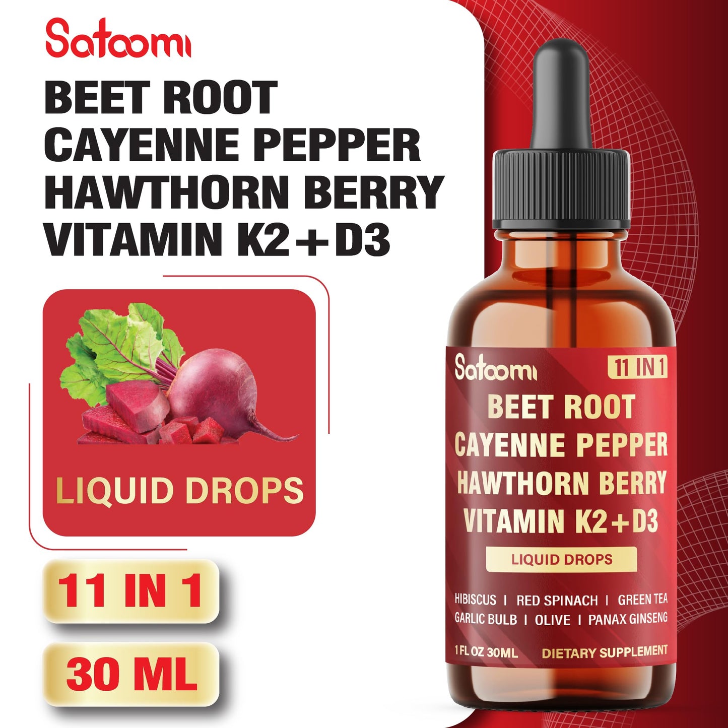 11in1 Beet Root Liquid Drops Supplement with Formula with D3, K2, Hawthorn, Red Spinach, Garlic & Green Tea and More - Supports Immune & Vitality - 1 FL Oz - for 60 Days SatoomiBuy Supplements Australia
