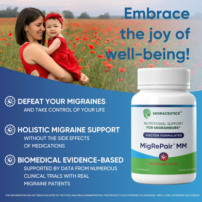 MigRePair MM Bottle of 60 - Doctor Formulated Natural Herbal Migraine Supplement for Women, Menstrual Migraine Relief, Hormonal Migraine Support with Feverfew, White Willow Bark Pine Bark & Grape Seed MigraceuticsBuy Supplements Australia
