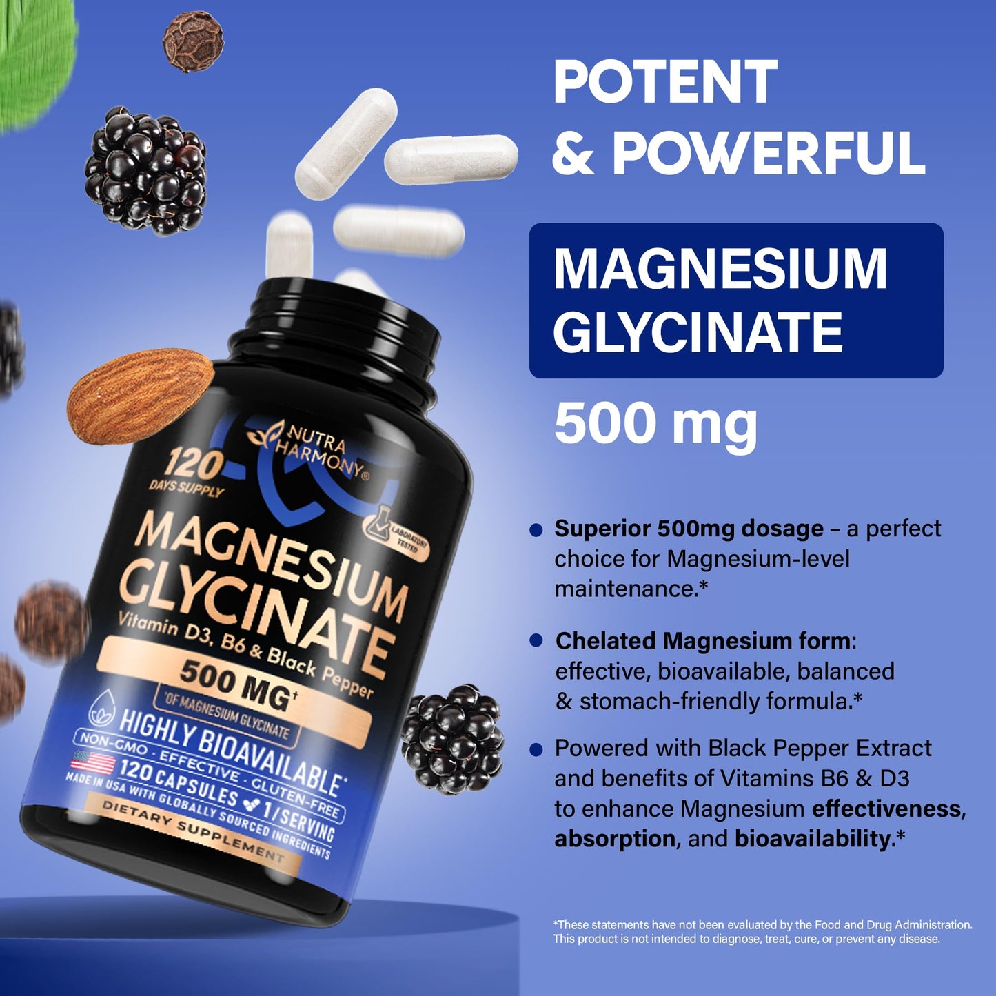Magnesium Glycinate 500 mg - Chelated Supplement - High Absorption Form of Magnesium - Support for Sleep, Muscle & Heart Health