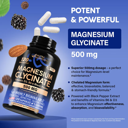 Magnesium Glycinate 500 mg - Chelated Supplement - High Absorption Form of Magnesium - Support for Sleep, Muscle & Heart Health