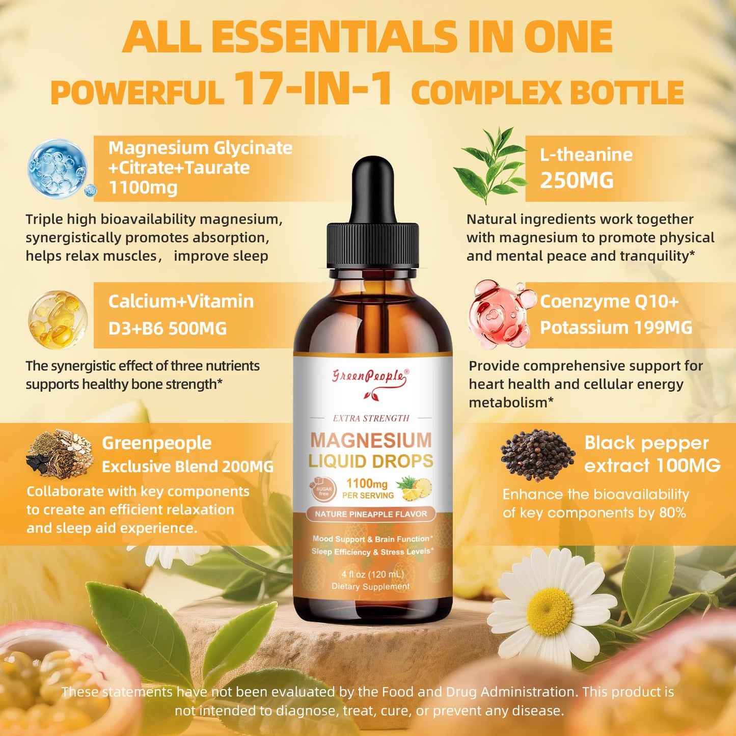 GREENPEOPLE Magnesium Glycinate Liquid Drop - 17-in-1 4Fl. Oz Triple Magnesium Complex Supplement with Glycinate 400mg & Citrate 500mg Taurate/L-Theanine for Calm Mood/Muscle/Sleep,Pineapple Flavor GREENPEOPLEBuy Supplements Australia