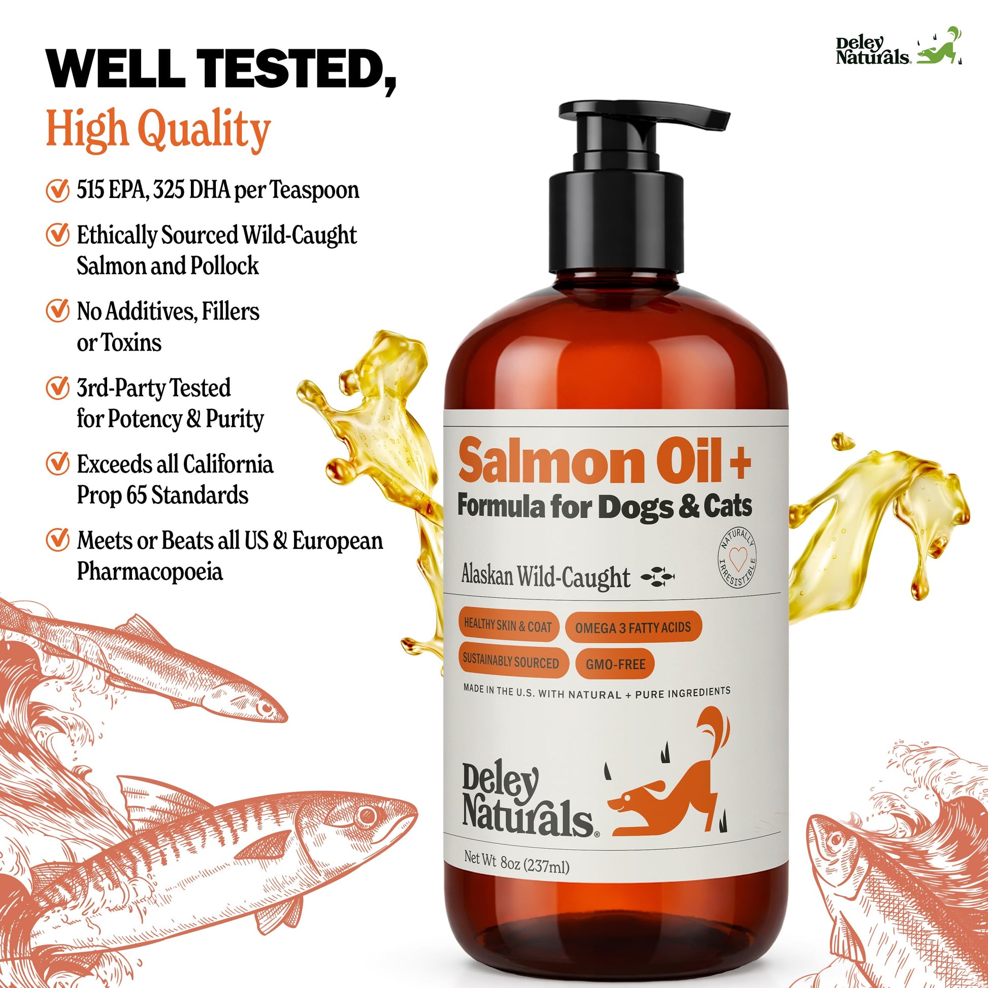 Deley Naturals Wild Alaskan Salmon Oil for Dogs & Cats - New and Improved Salmon Oil Plus Formula - Fish Oil for Dogs with Omega 3, DHA and EPA - Omega 3 for Healthy Skin and Coat - 8oz Made in USA Deley NaturalsBuy Supplements Australia