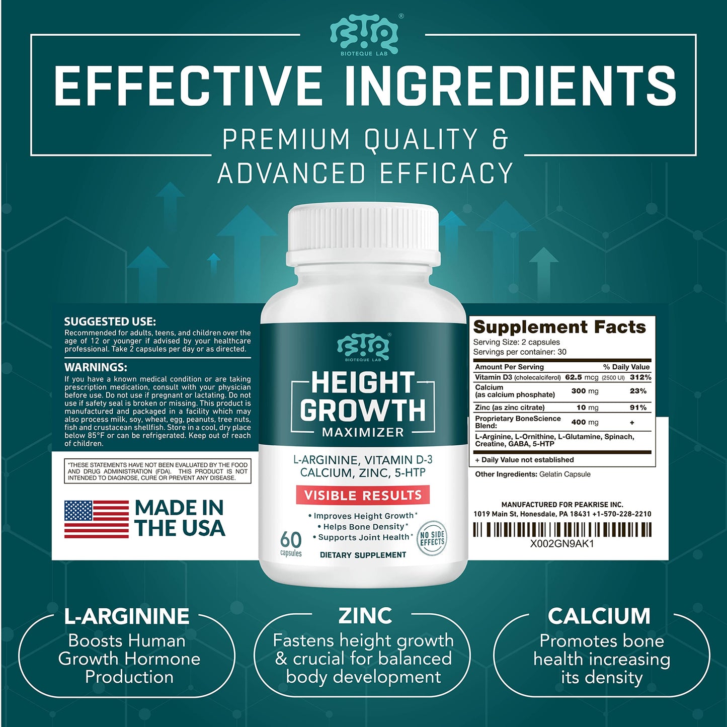 BIOTEQUELAB Height Growth Maximizer, Calcium, Vitamin D3 and Zinc Blend Pills, Bone Growth Supplement for Kids and Teens, Bone Strength, Density Support, GMO-Free, Gluten-Free, Made in USA, 60 Caps BTQ BIOTEQUE LABBuy Supplements Australia