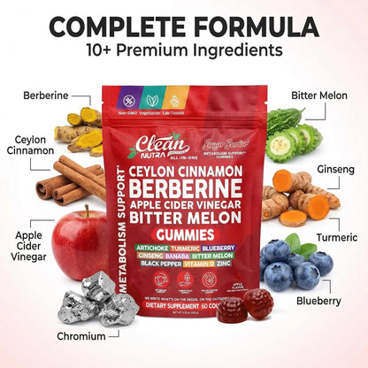 Sugar Savior Ceylon Cinnamon Berberine Gummies Apple Cider Vinegar Artichoke Turmeric Blueberry Ginseng Banaba Bitter Melon Black Pepper Vitamin D Zinc GLP1 Gummies 60 Count by Clean Nutra Clean NutraceuticalsBuy Supplements Australia