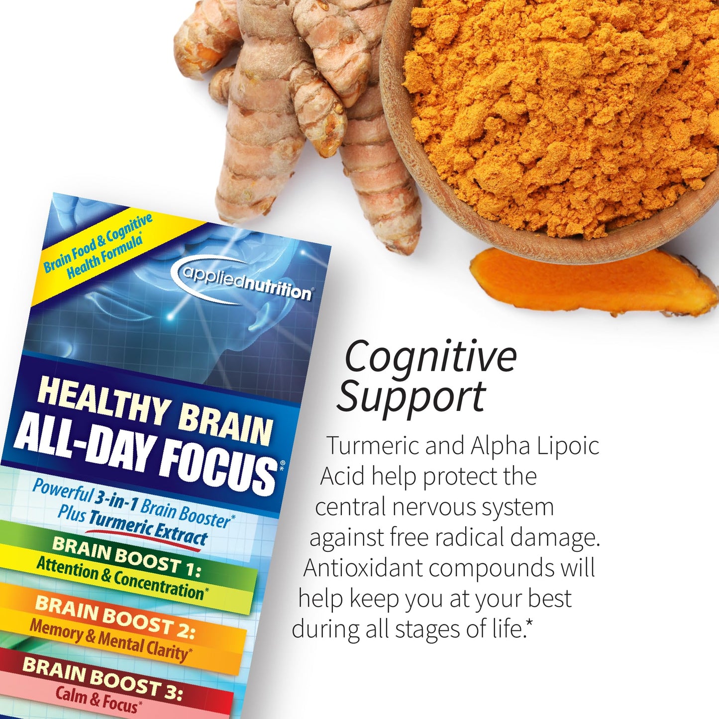 Applied Nutrition Healthy Brain All-Day Focus - 50 Tablets - Powerful 3-in-1 Brain Booster with Turmeric Extract - 25 Servings Applied NutritionBuy Supplements Australia