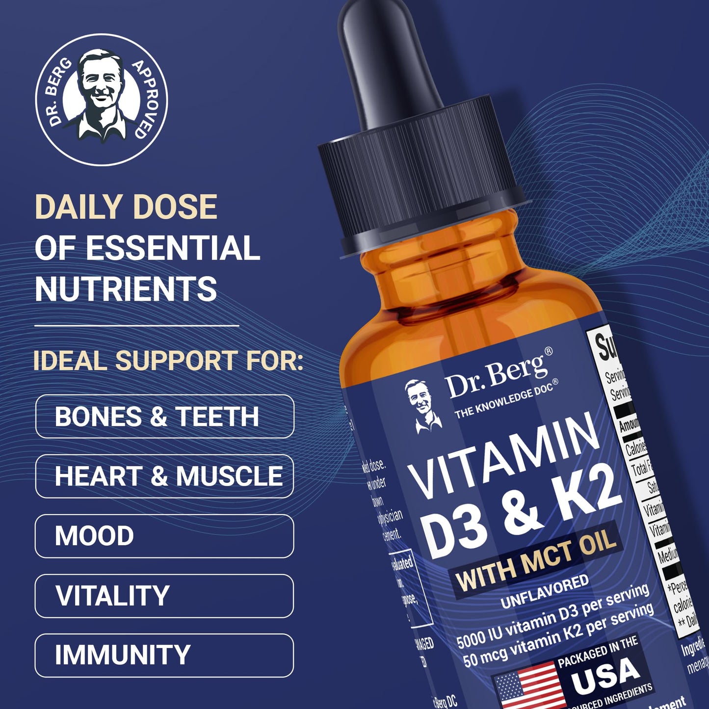 Dr. Berg Maximum Strength Vitamin D3 K2 Liquid Drops with MCT Oil – 5,000 IU Liquid Vitamin D3 with K2 – Supports Strong Bones, Heart, Energy, Immunity, and Overall Vitality* - Unflavored 1 Fl Oz Dr. Berg NutritionalsBuy Supplements Australia