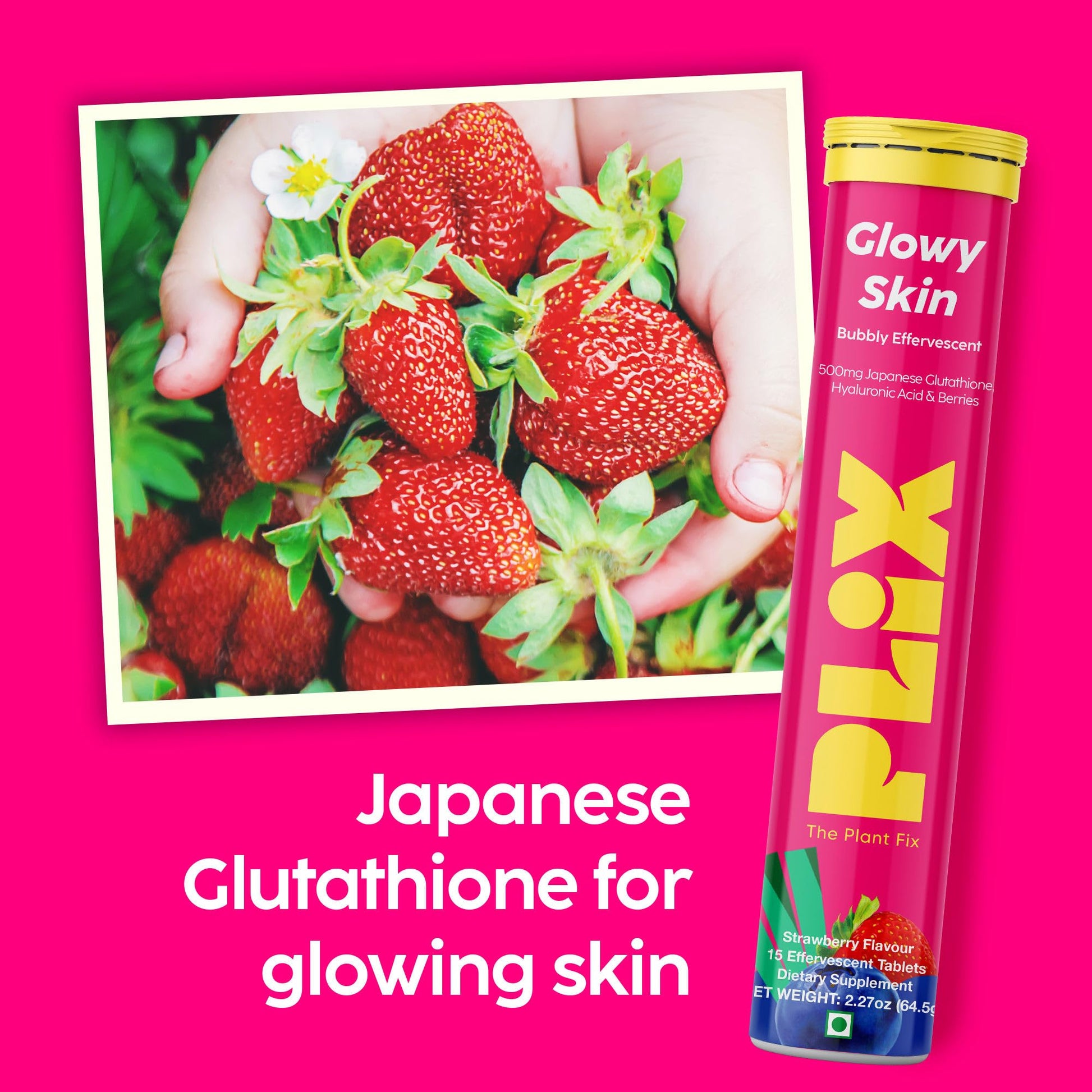PLIX Glowy Skin 500mg Glutathione Supplement with Hyaluronic Acid, Vitamin C, E & Berries | 30 Effervescent Tablets, Strawberry Flavor PLIX - THE PLANT FIXBuy Supplements Australia