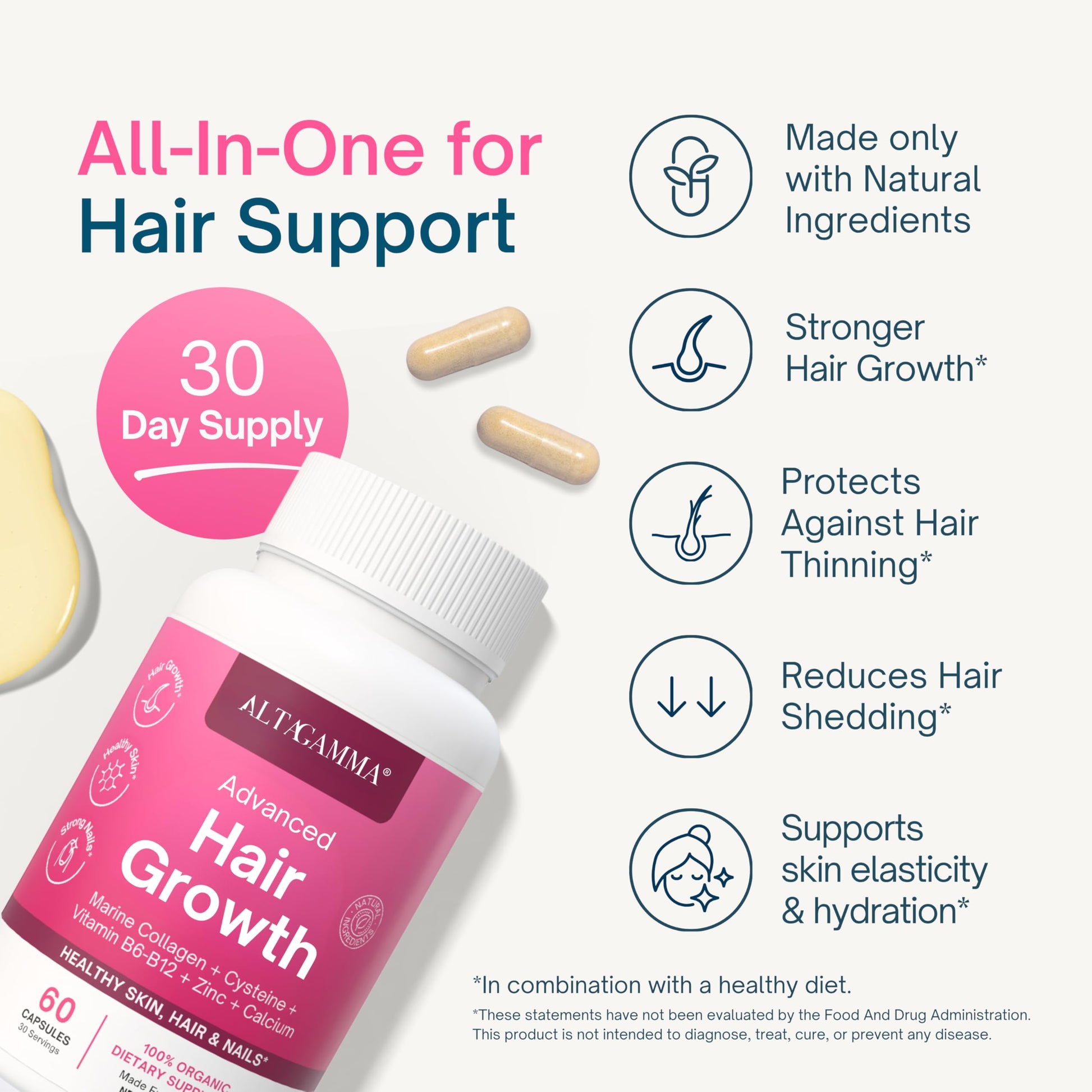 ALTAGAMMA Hair Growth Supplements - Nourishes Thinning, Strengthen Nails & Skin & Combat Hair Loss - Hair Growth Vitamins for Women & Men with Marine Collagen Peptides, 60 Capsules | 30 Day Supply ALTAGAMMABuy Supplements Australia