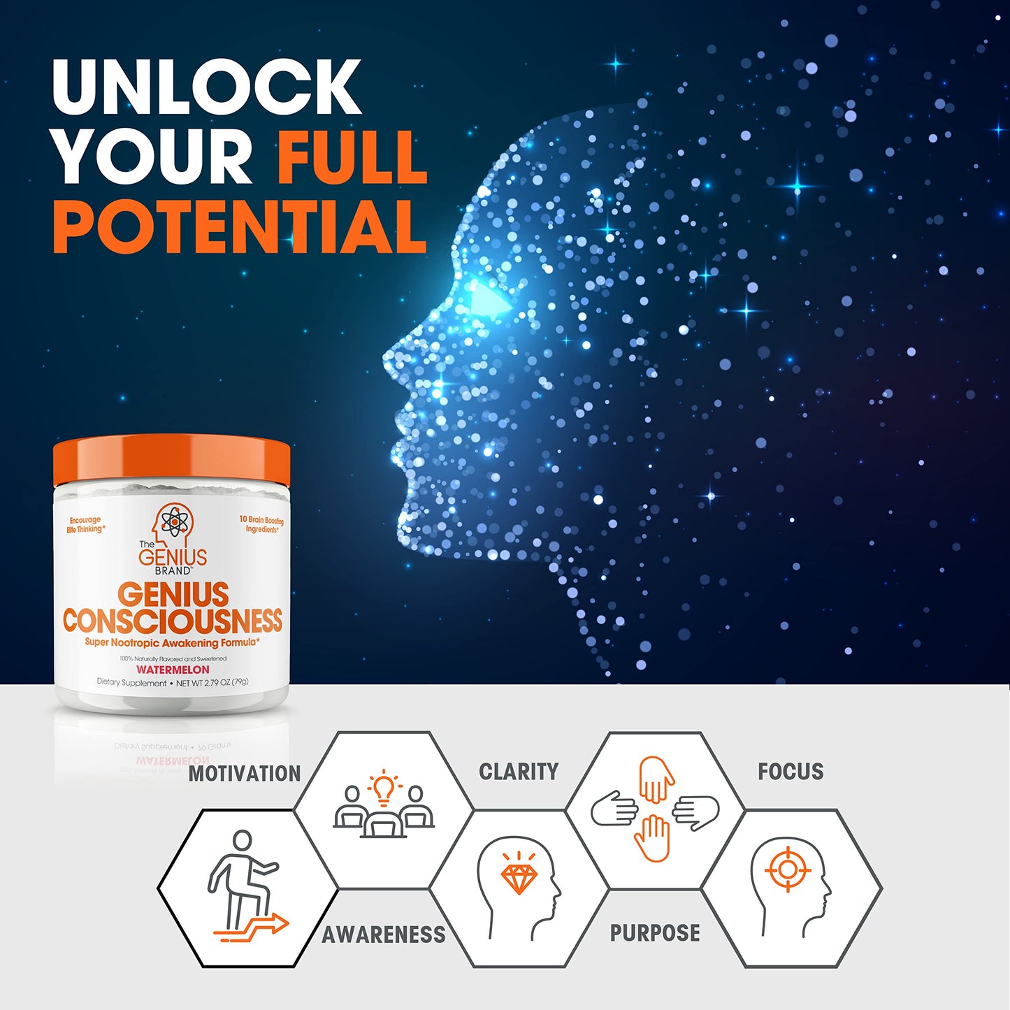 Genius Consciousness, Super Nootropic Brain Supplement Powder, Watermelon The Genius BrandBuy Supplements Australia