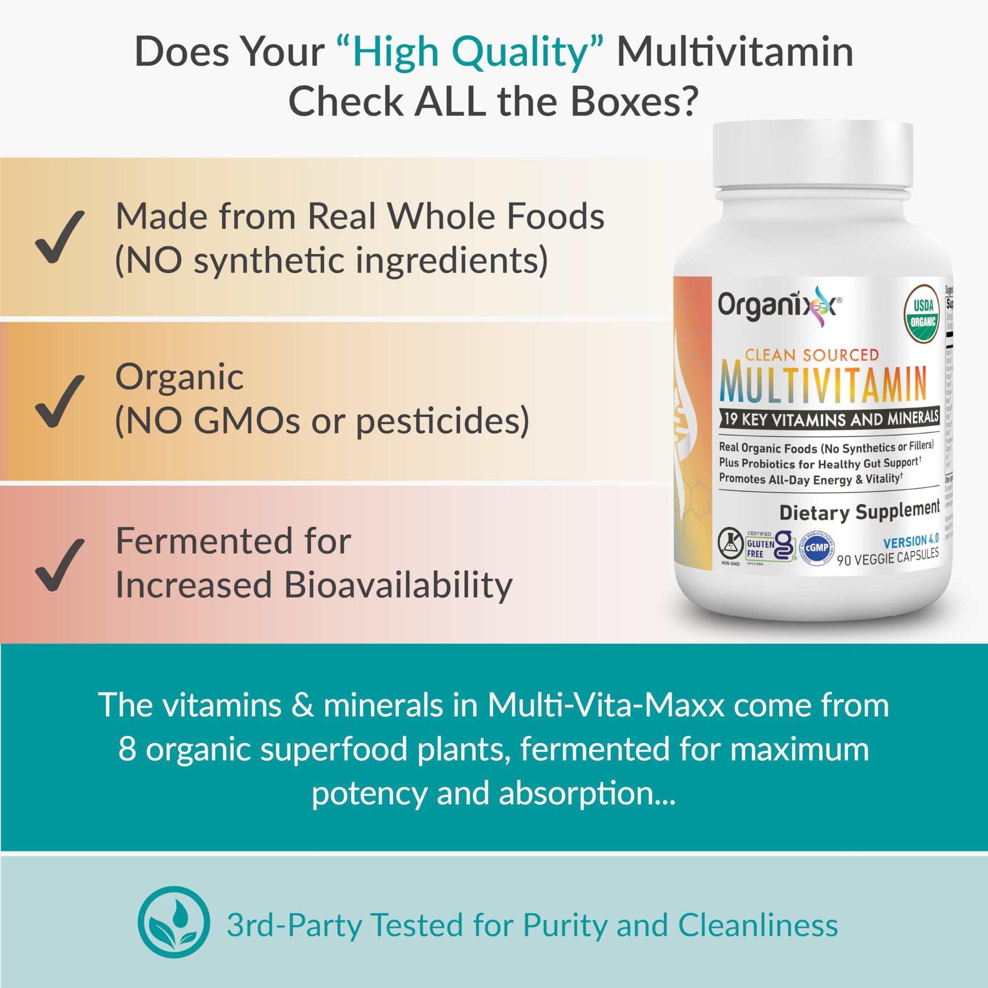 Organixx Clean Sourced Multivitamin for Women & Men, w/Vitamin C, D3, Vitamin B Complex, Probiotics, Organic Fruits & Vegetables, Supports Digestive Gut Health, Immune Support, 90 Vegan Gel Capsules OrganixxBuy Supplements Australia