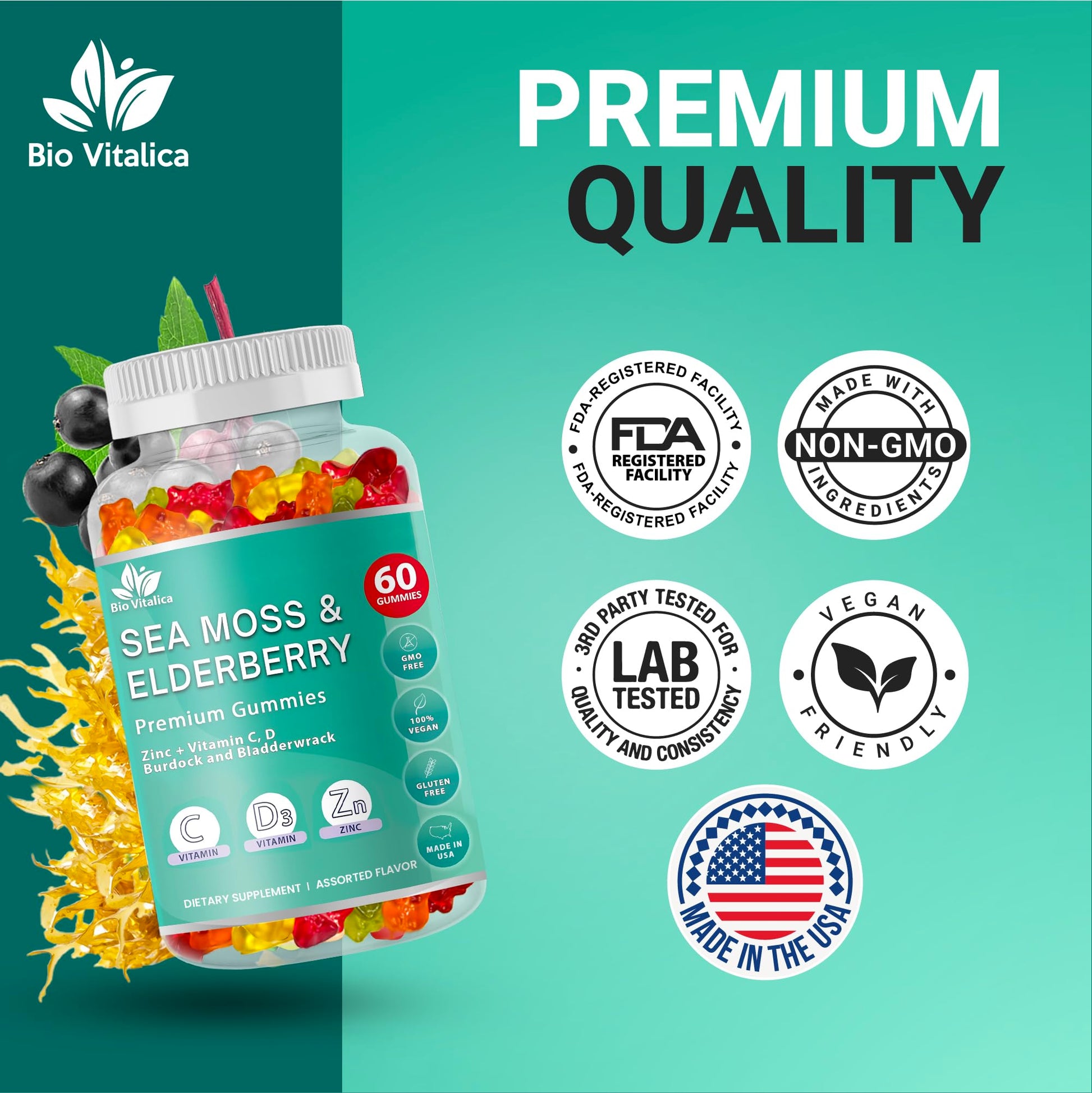 BIO VITALICA Irish Sea Moss Gummies with Elderberry – USA Made Vegan Gummies with Vitamin C, D & Zinc – Immune Support Supplement with Bladderwrack & Burdock Root for Adults & Kids – 3 Packs BIO VITALICABuy Supplements Australia