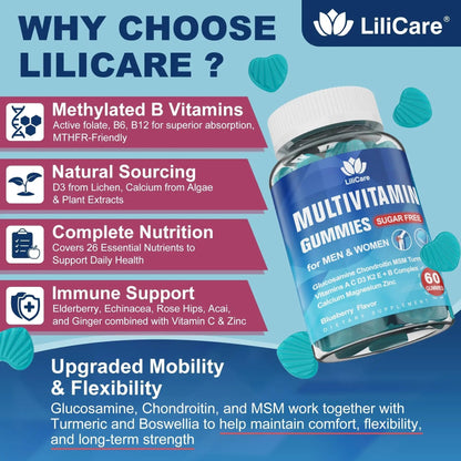 Methylated Multivitamin for Men/Women Gummies, Mens/Womens Multivitamin 50 Plus, with Glucosamine Chondroitin MSM Echinacea Sugar Free LILICAREBuy Supplements Australia