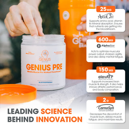 Genius Pre Workout Powder, Blue Razz, and Genius Micronized Creatine Monohydrate Powder, Unflavored, All Natural Nootropic Pre Workout and Post Workout Supplement Stack