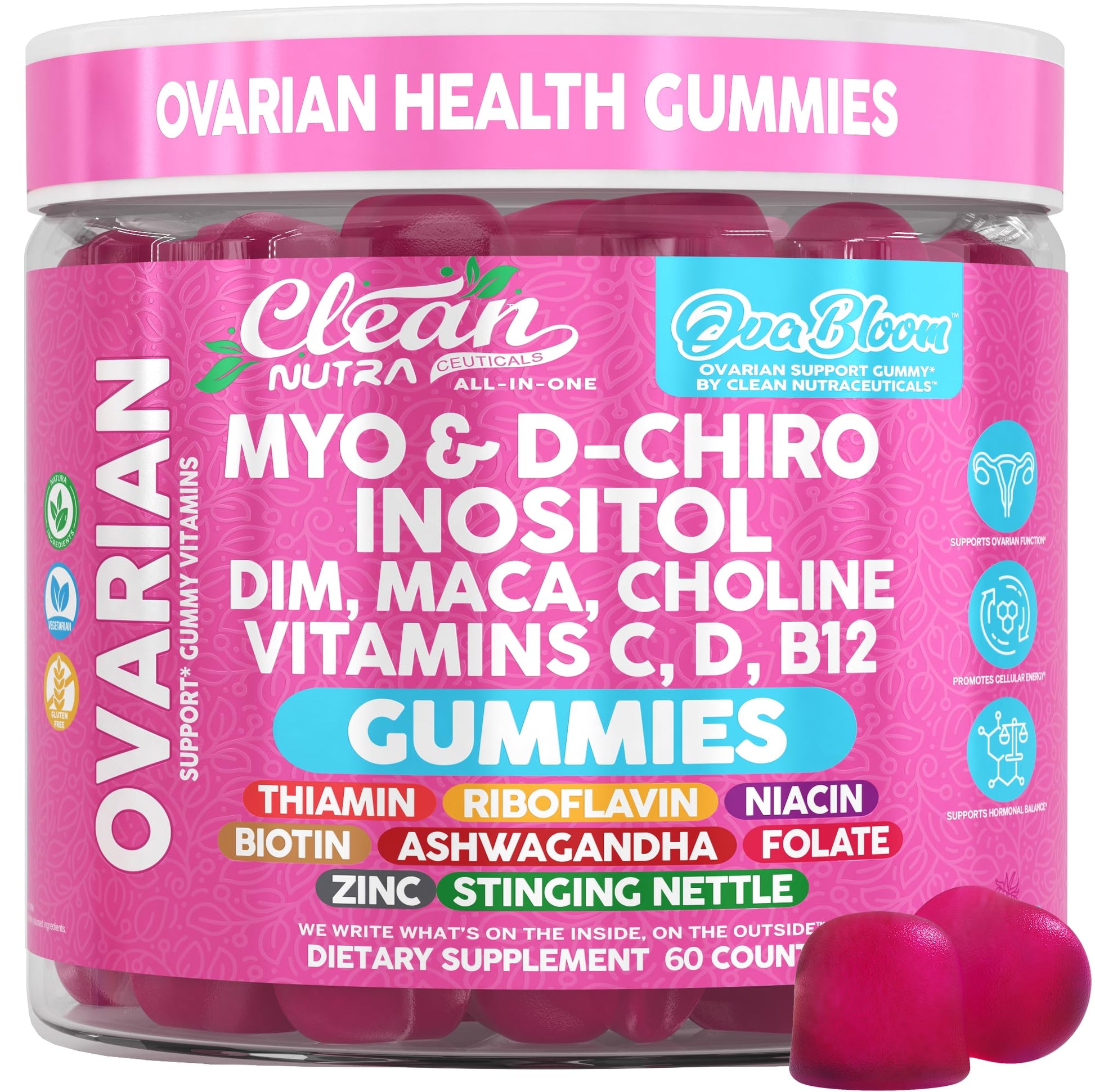 OVA Bloom Ovarian Support Gummies Myo Inositol D-Chiro Inositol Choline Flax Biotin Riboflavin Thiamin Niacin Ashwagandha DIM Maca Root Vitamin C D3 B12 Zinc 60 Count By Clean Nutra Clean NutraceuticalsBuy Supplements Australia